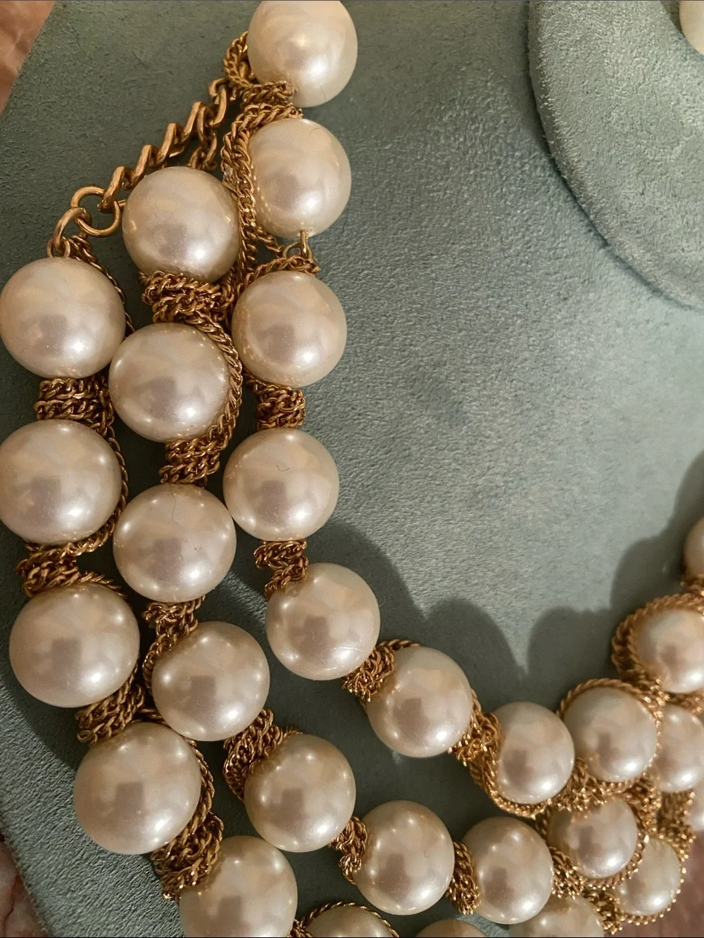 Chunky Faux Pearl Gold Tone Multi Strand Statement Necklace & Earring Set